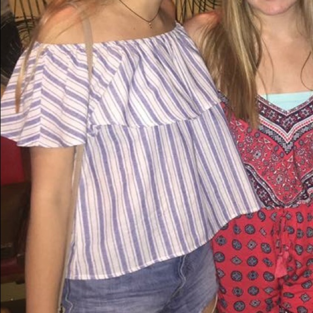 blue stripped off the shoulder shirt